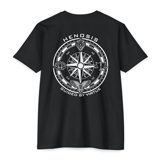 Black t-shirt with compass logo on a white background - Henosis Apparel virtue-based clothing