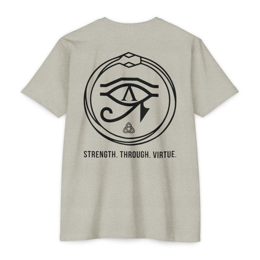 Beige t-shirt with black eye symbol and text on a white background - Henosis Apparel virtue-based clothing