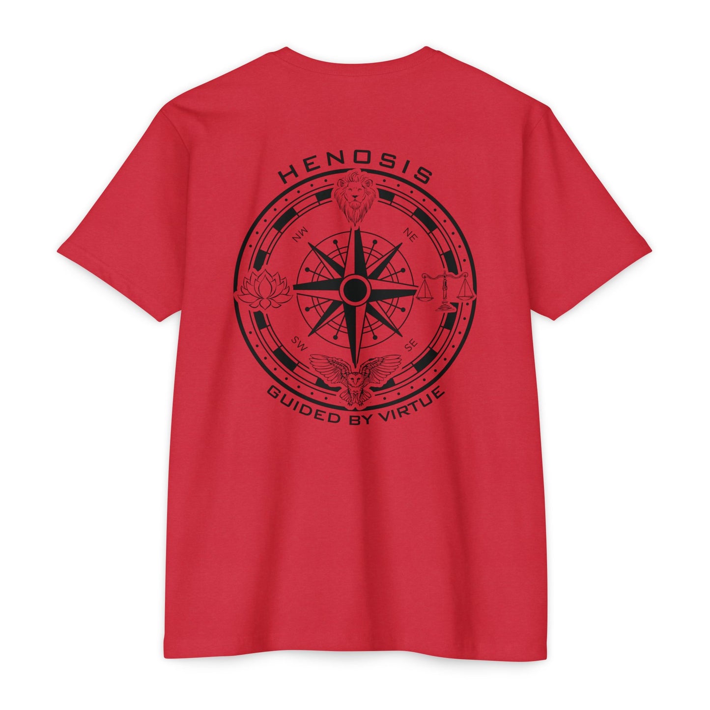 Red t-shirt with compass logo on a white background - Henosis Apparel virtue-based clothing