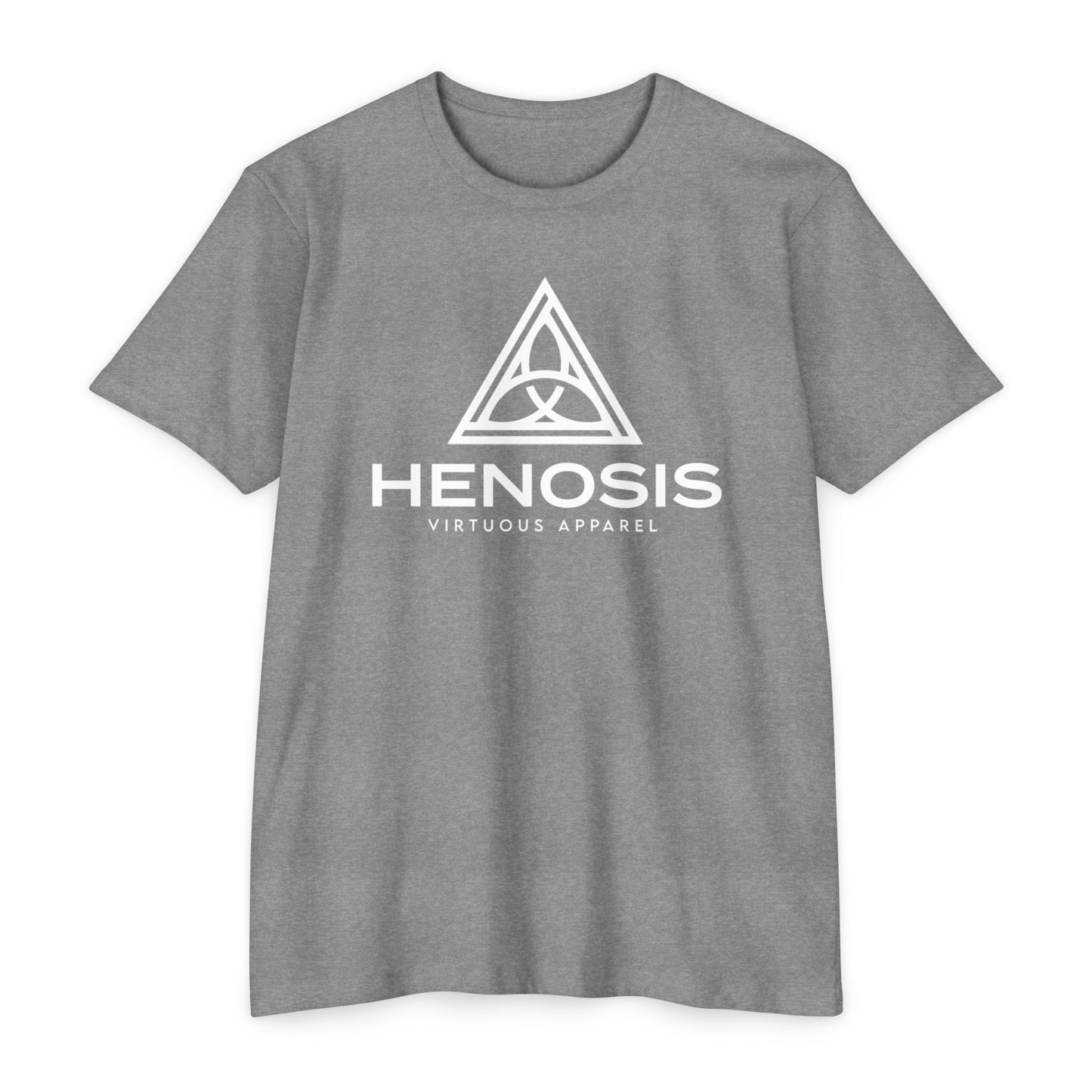 Heather Gray t-shirt with Henosis logo on a white background- Henosis Apparel virtue-based clothing