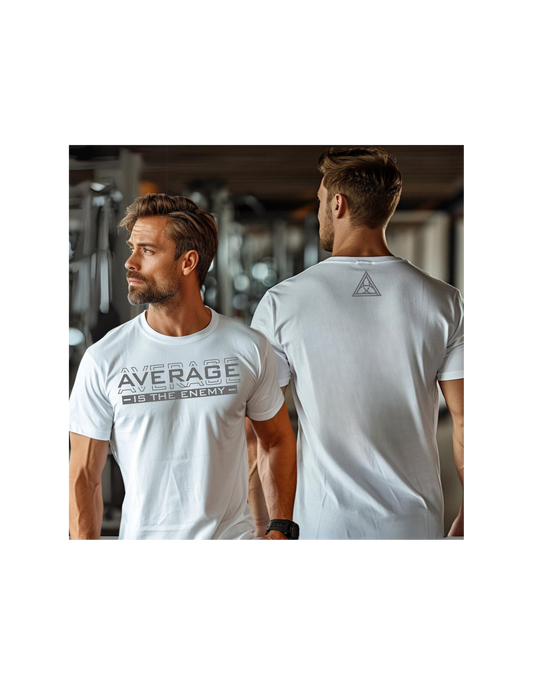 Henosis Average Is the Enemy t-shirt, Bella 3001, white, front, back