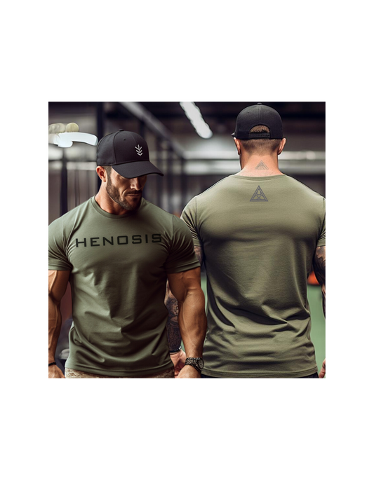Henosis Unity Classic brand t-shirt, Bella 3001, military green, front, back