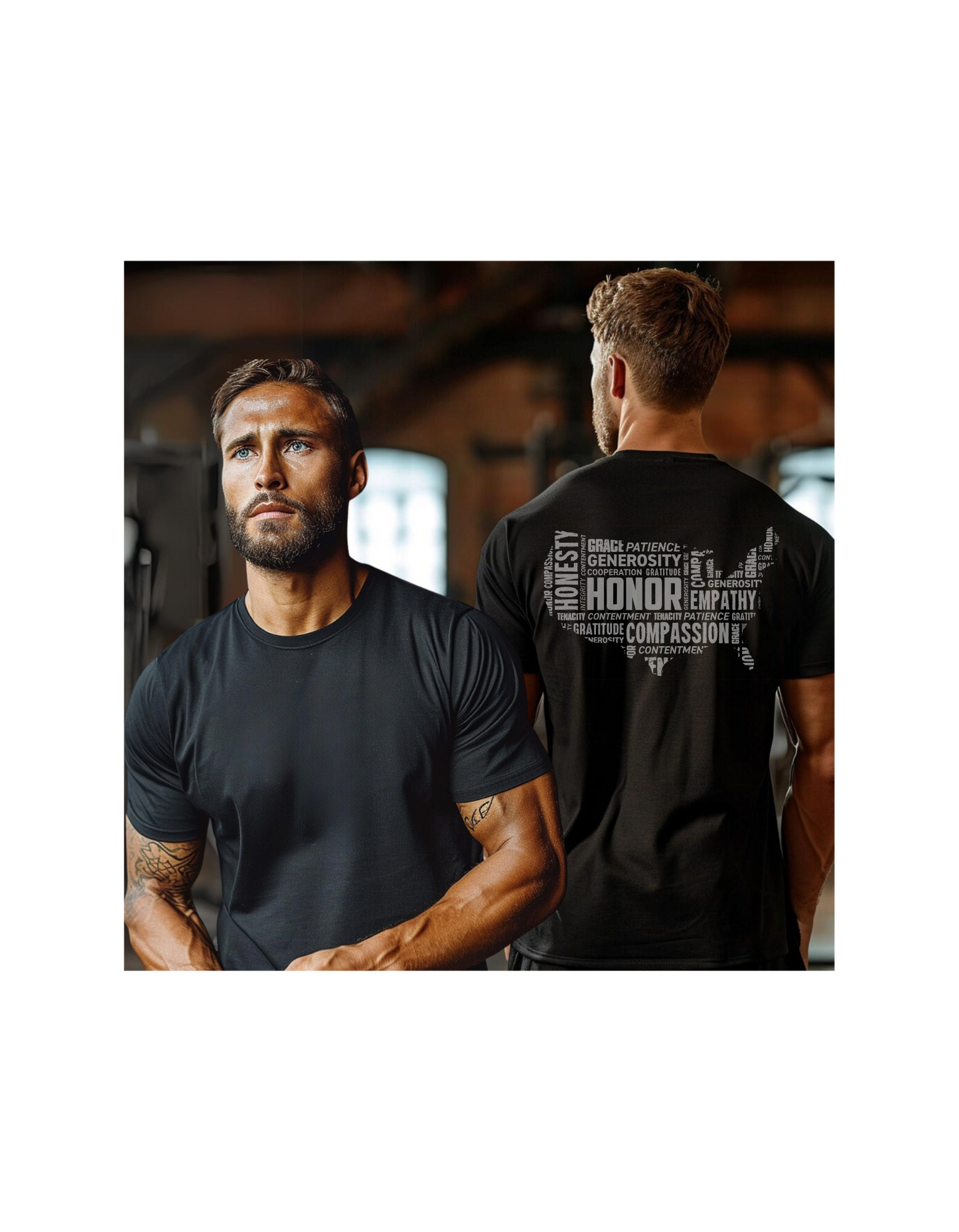 Henosis United by Virtue Classic Tee, Bella 3001, black, front view, back view