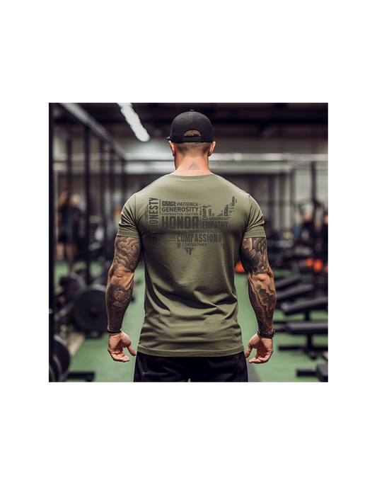 Henosis United by Virtue Classic Tee, Bella 3001, military green, back view