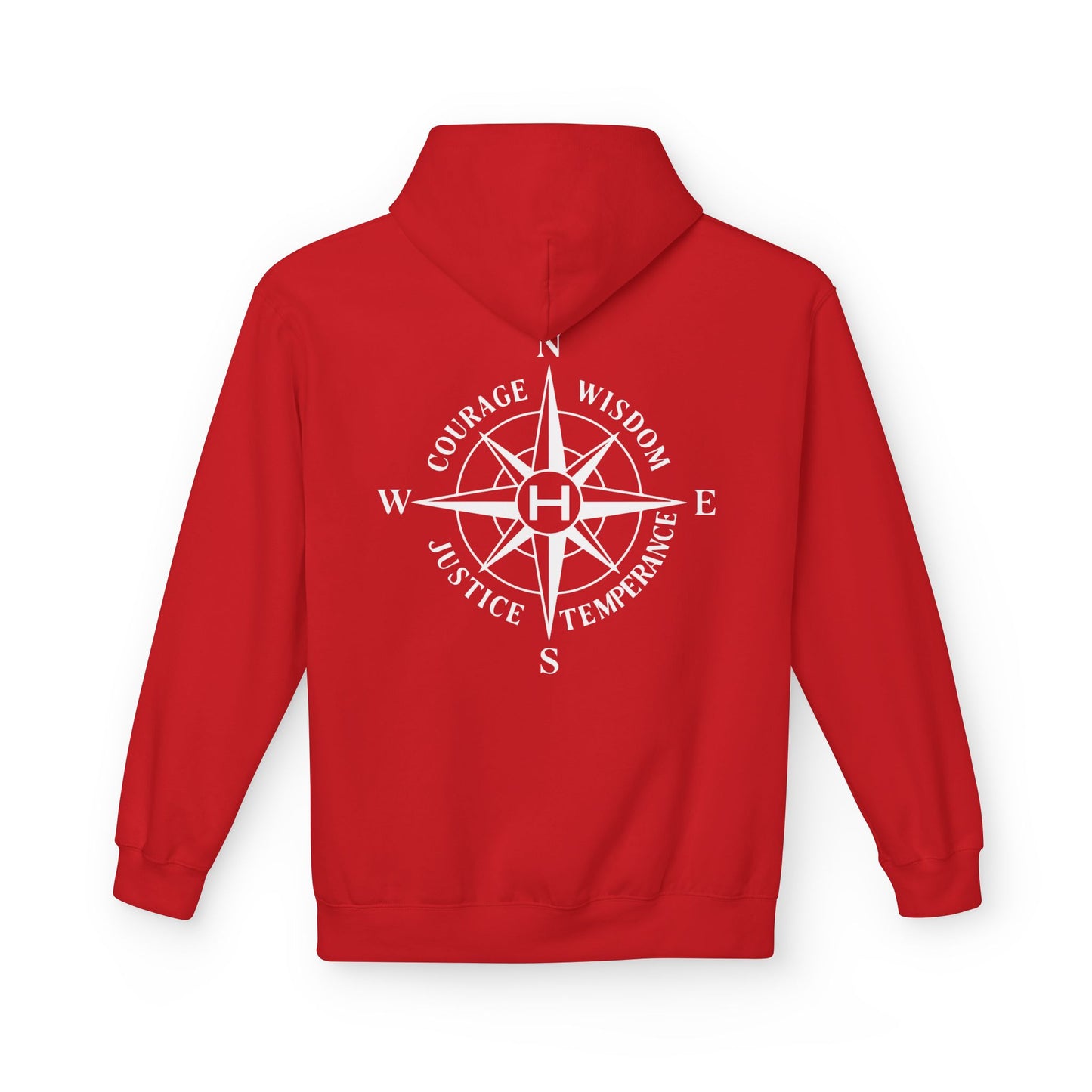 Red hoodie with a compass design and text on the back against a white background - Henosis Apparel virtue-based clothing