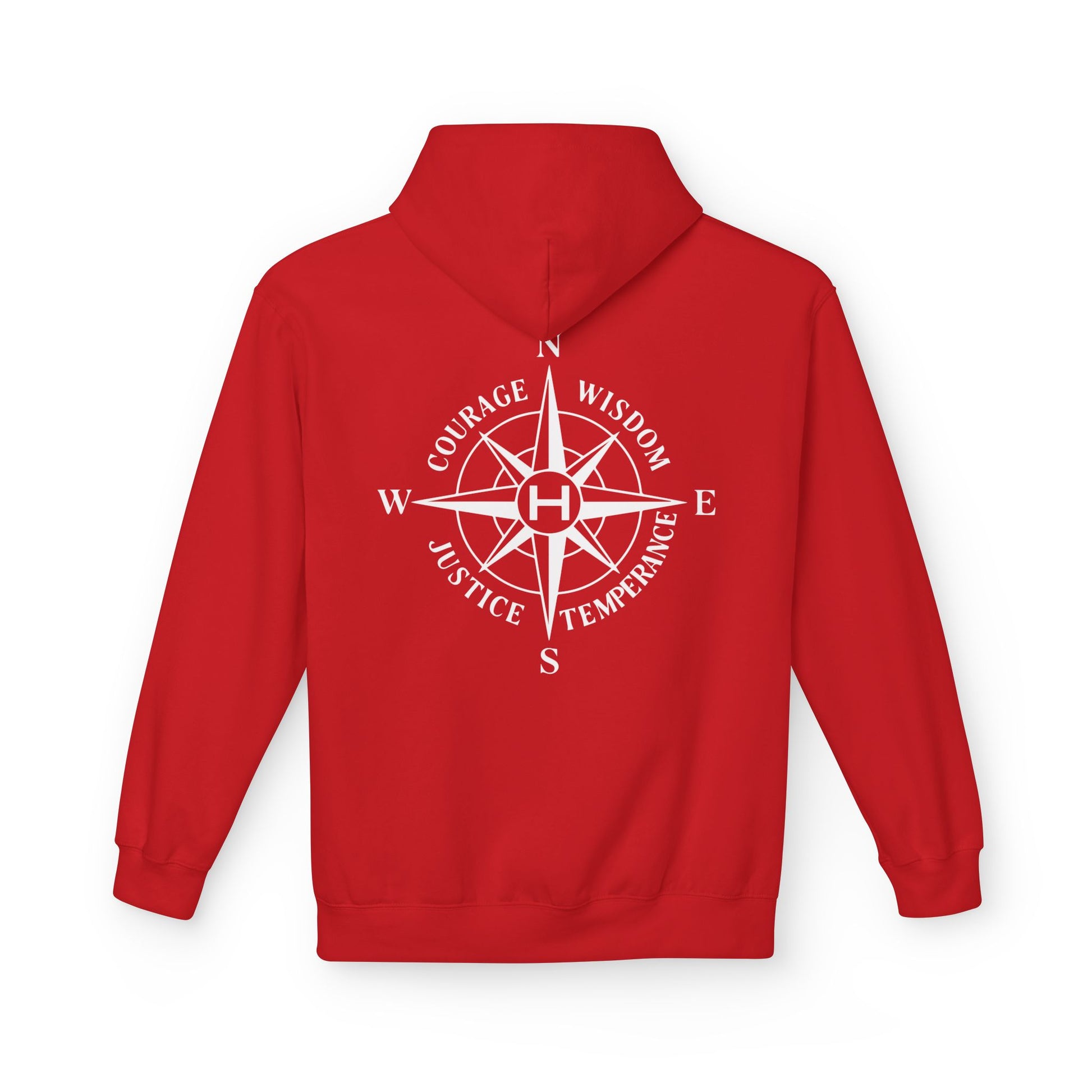 Red hoodie with a compass design and text on the back against a white background - Henosis Apparel virtue-based clothing