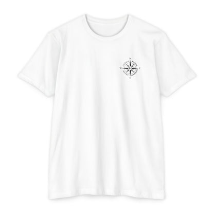 White t-shirt with a compass design on a white background - Henosis Apparel virtue-based clothing