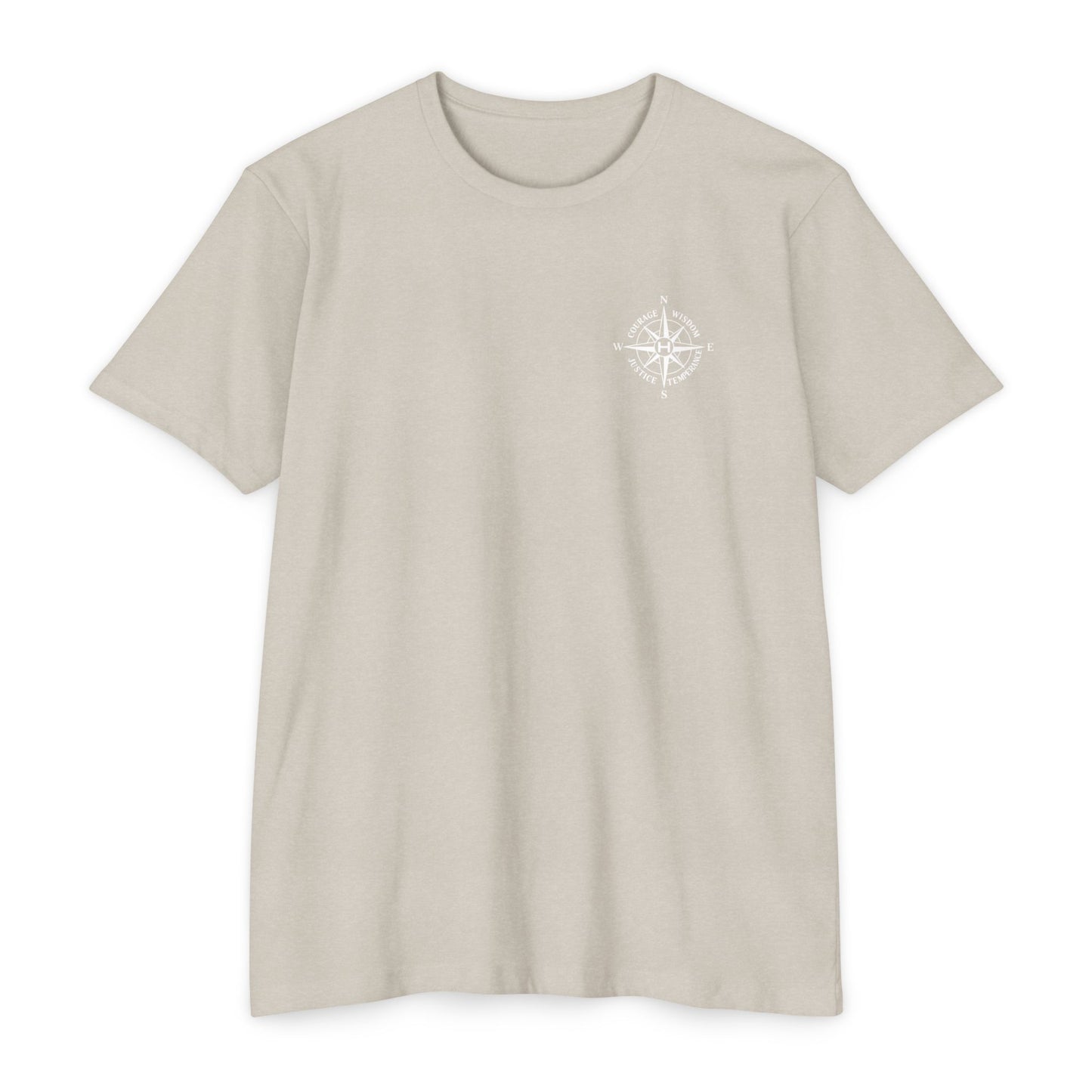 Sand t-shirt with a white compass design on a white background - Henosis Apparel virtue-based clothing
