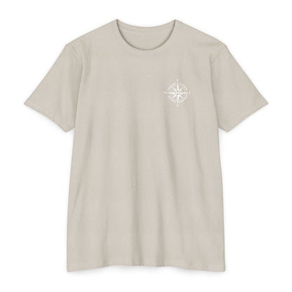 Sand t-shirt with a white compass design on a white background - Henosis Apparel virtue-based clothing