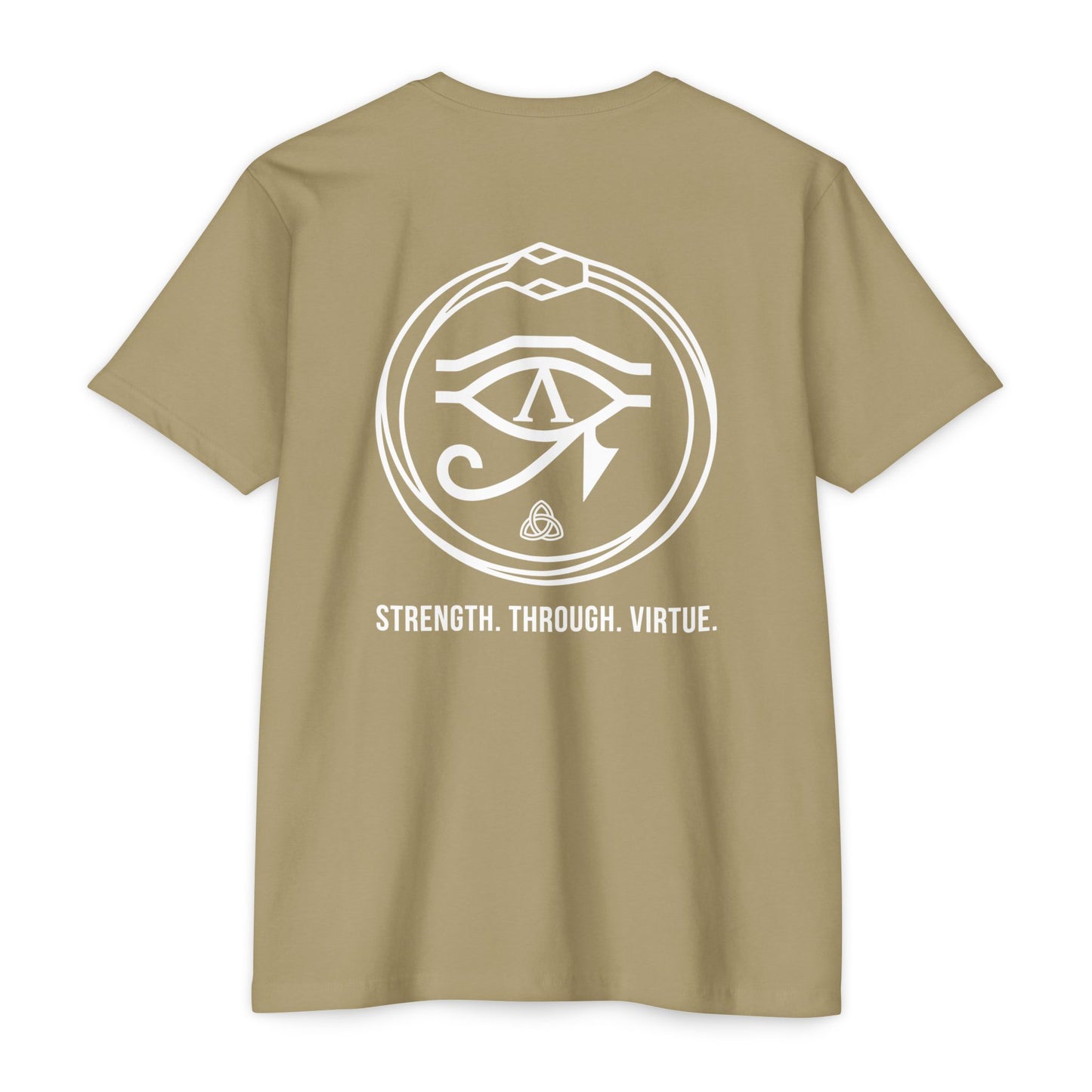 Light Olive t-shirt with white renewal symbol and text on a white background - Henosis Apparel virtue-based clothing