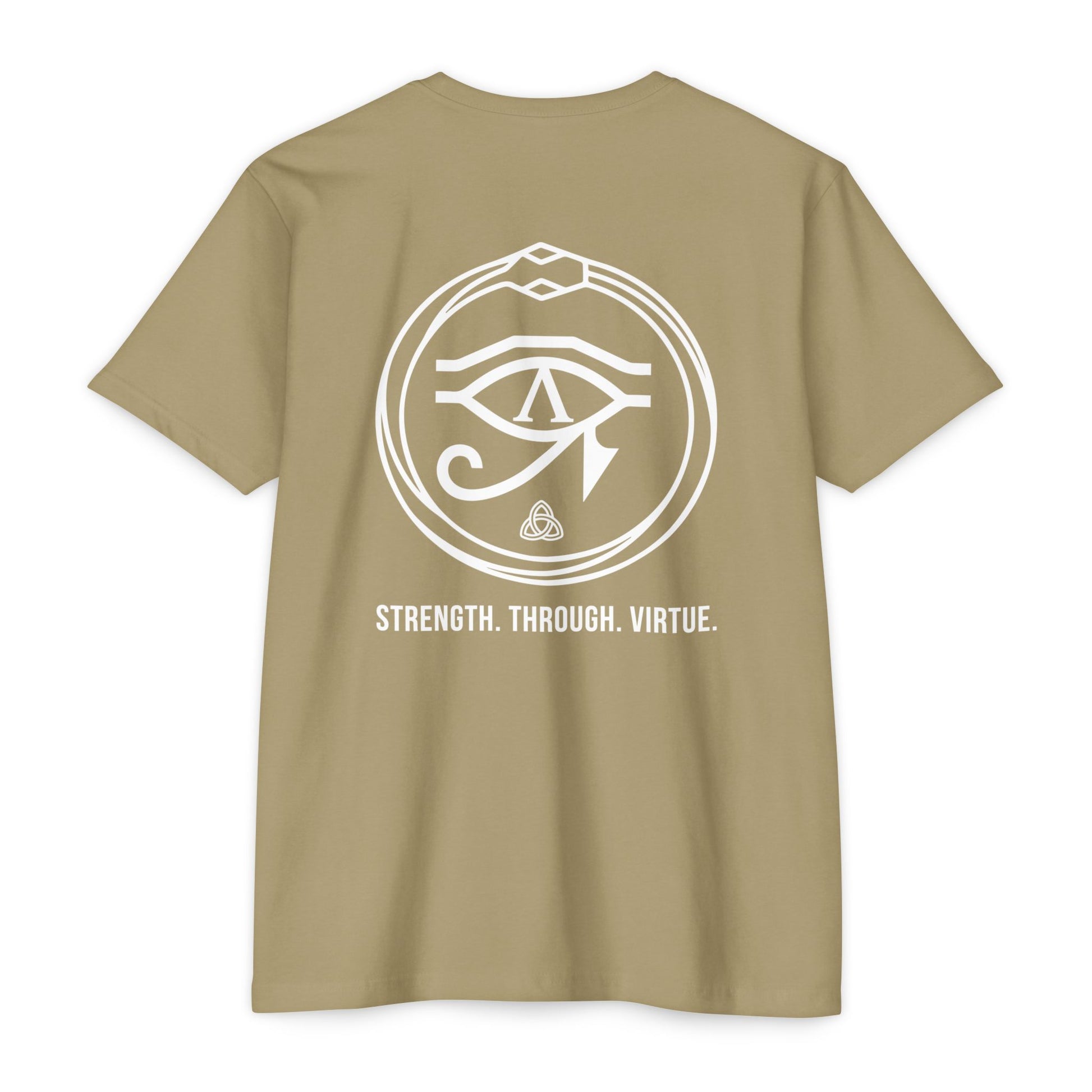 Light Olive t-shirt with white renewal symbol and text on a white background - Henosis Apparel virtue-based clothing