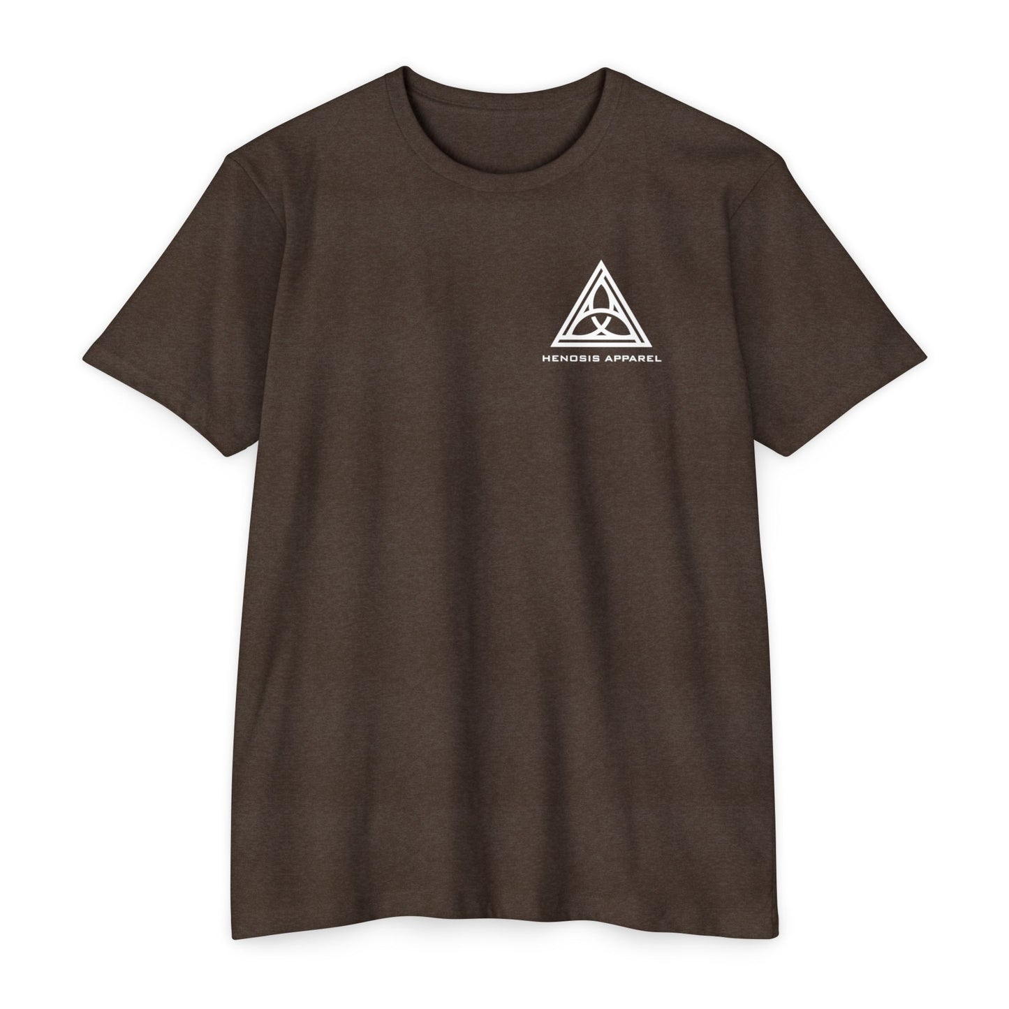 Expresso t-shirt with a white triangle logo on a white background - Henosis Apparel virtue-based clothing