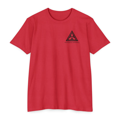 Red t-shirt with 'Henosis Apparel' logo on a white background - Henosis Apparel virtue-based clothing