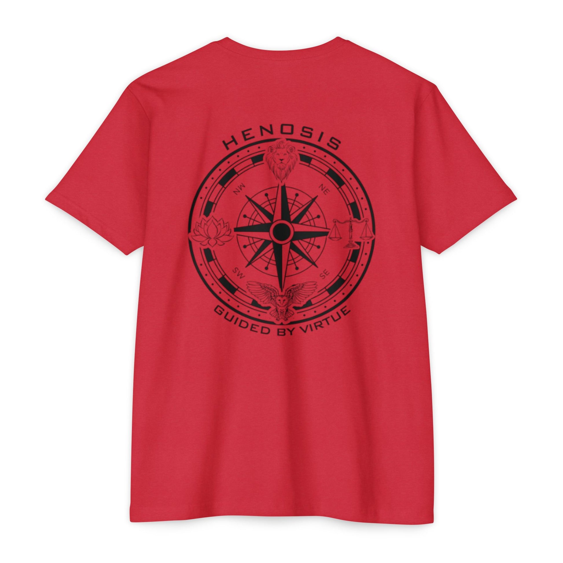 Red t-shirt with black compass design and text on a white background - Henosis Apparel virtue-based clothing
