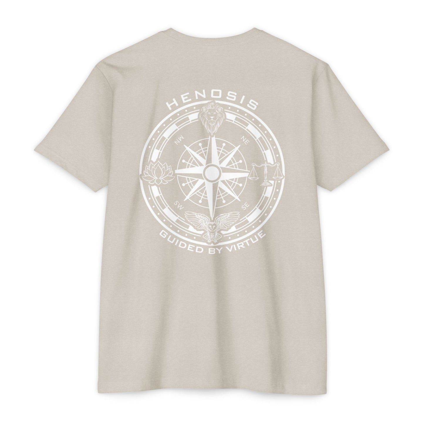 Sand t-shirt with compass logo on a white background - Henosis Apparel virtue-based clothing