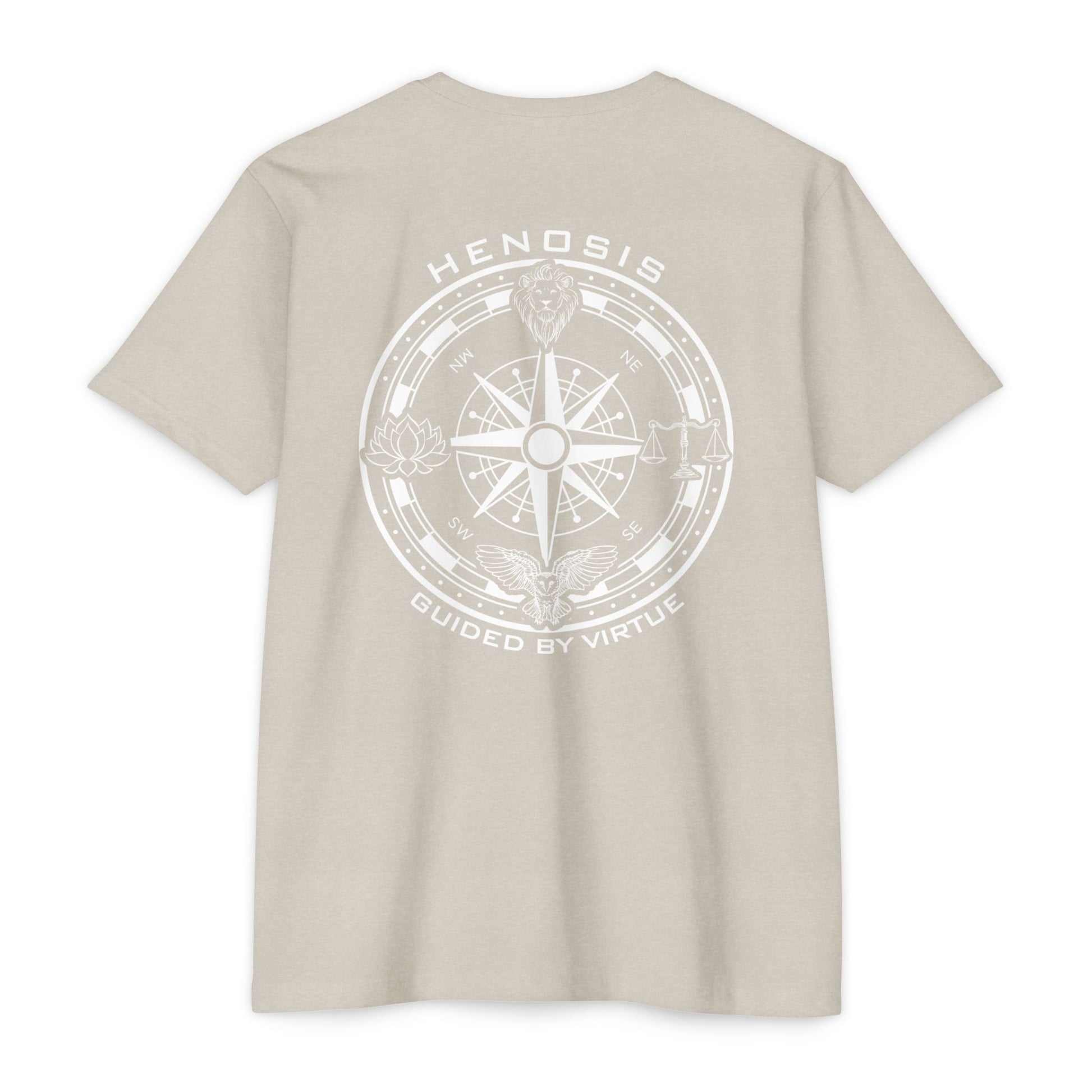 Sand t-shirt with compass logo on a white background - Henosis Apparel virtue-based clothing