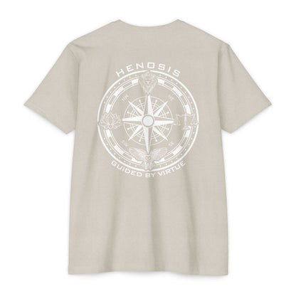 Sand t-shirt with compass logo on a white background - Henosis Apparel virtue-based clothing