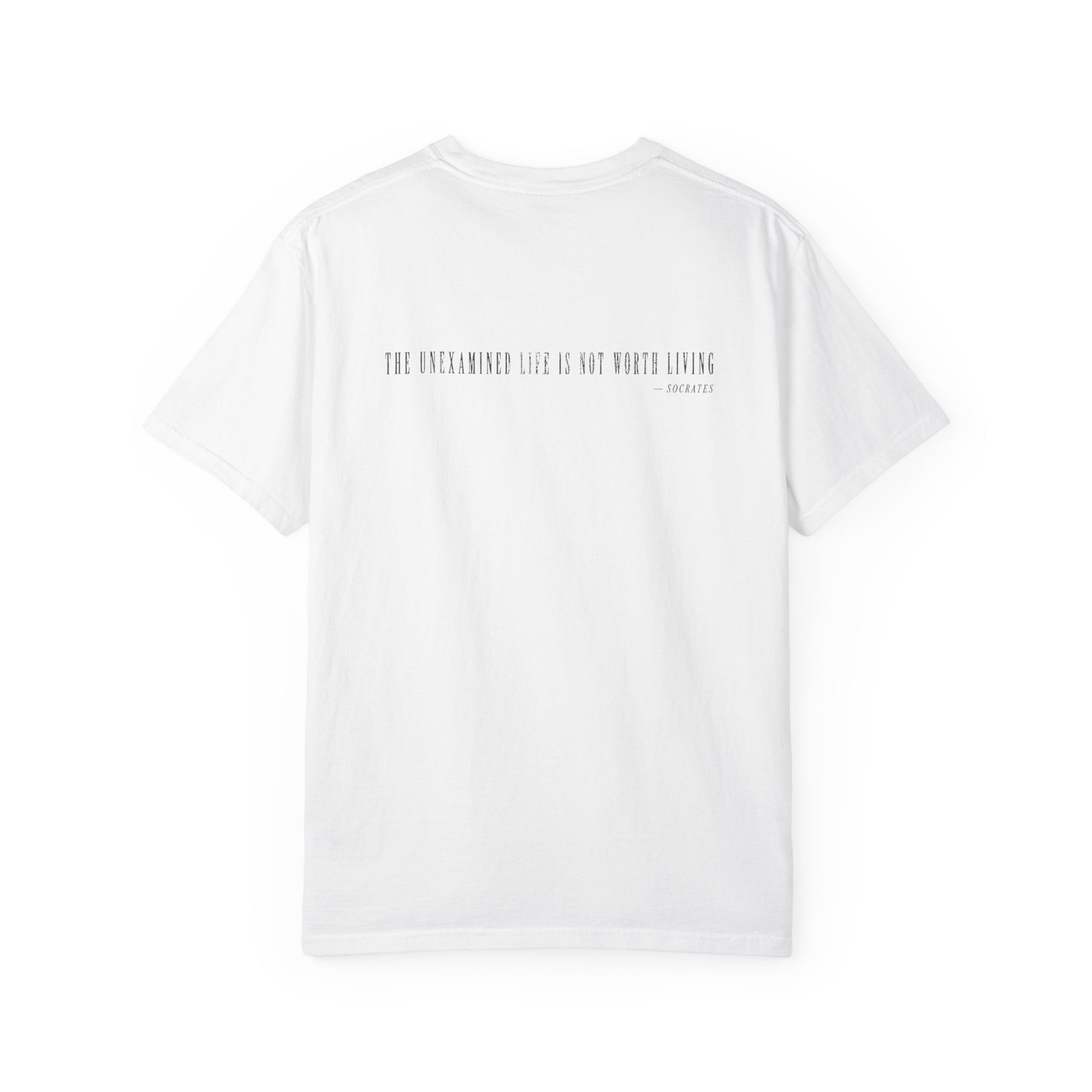 White Examined Tee — back view | Virtue-Based Tee | Henosis Apparel
