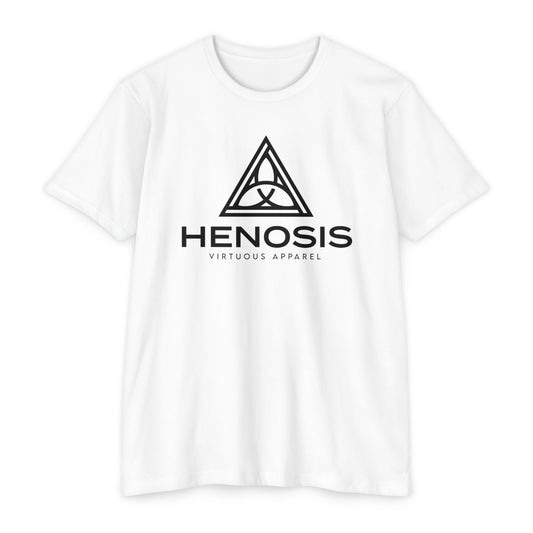 White t-shirt with Henosis logo on a white background- Henosis Apparel virtue-based clothing