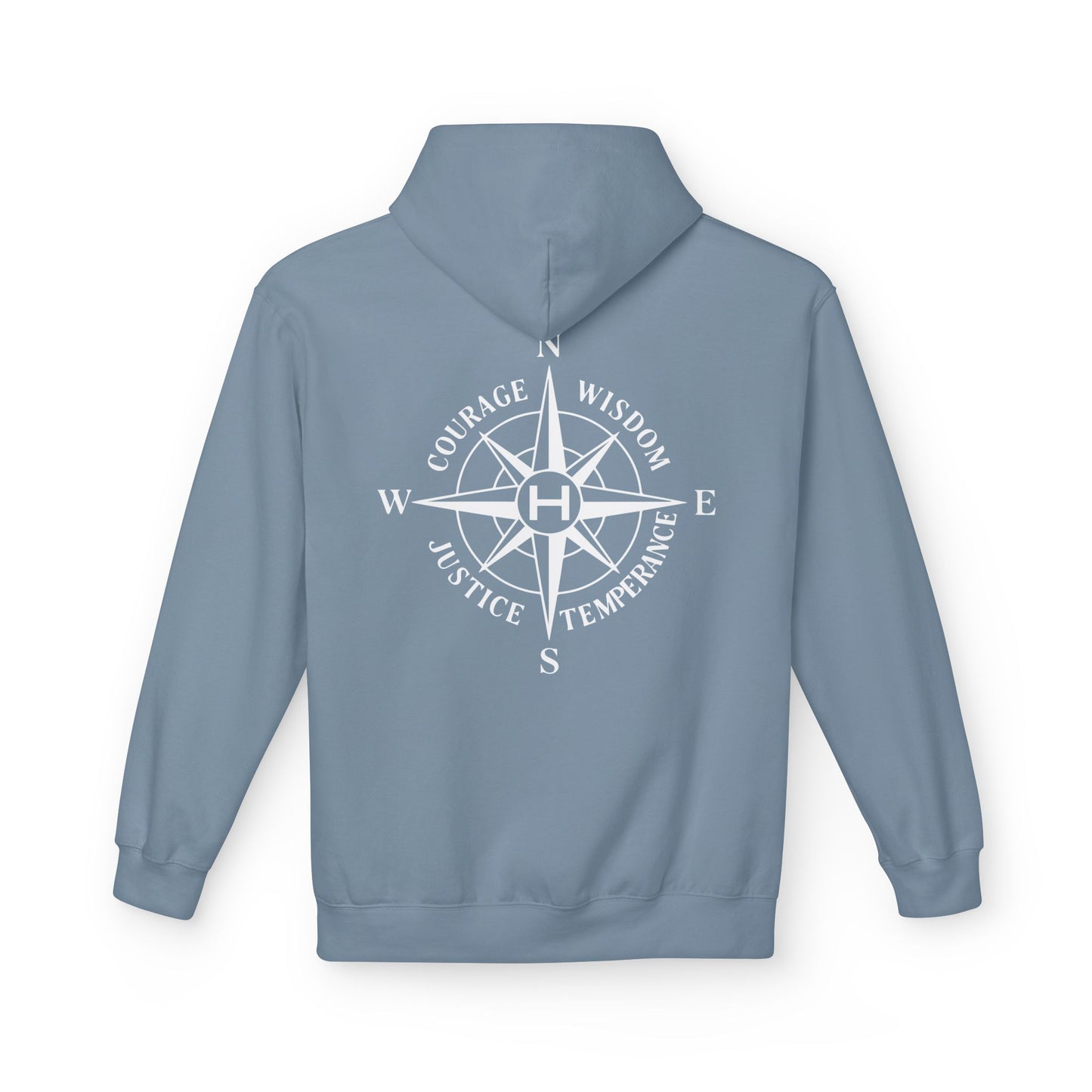 Stone Blue hoodie with a compass design and text on the back against a white background - Henosis Apparel virtue-based clothing