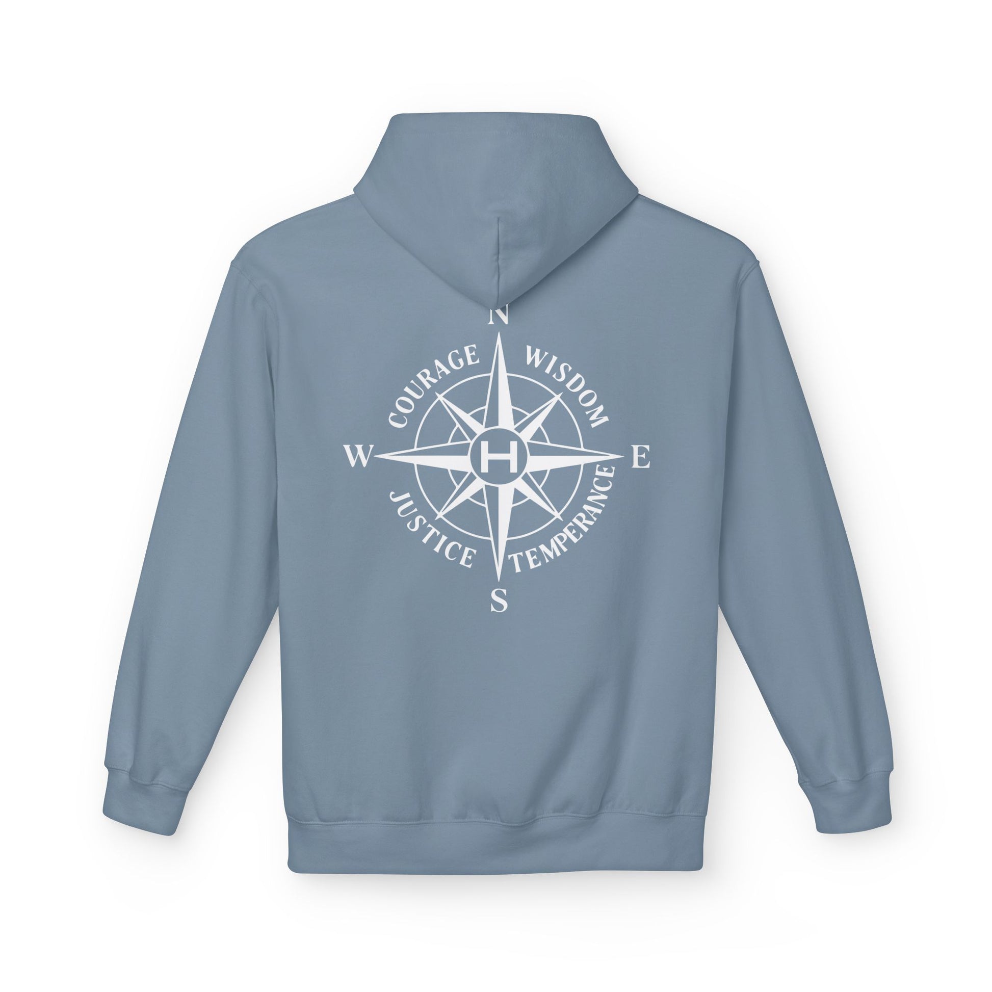 Stone Blue hoodie with a compass design and text on the back against a white background - Henosis Apparel virtue-based clothing