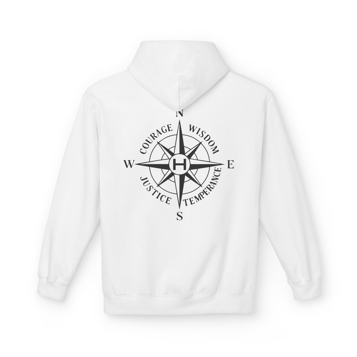 White hoodie with a compass design and text on the back against a white background - Henosis Apparel virtue-based clothing