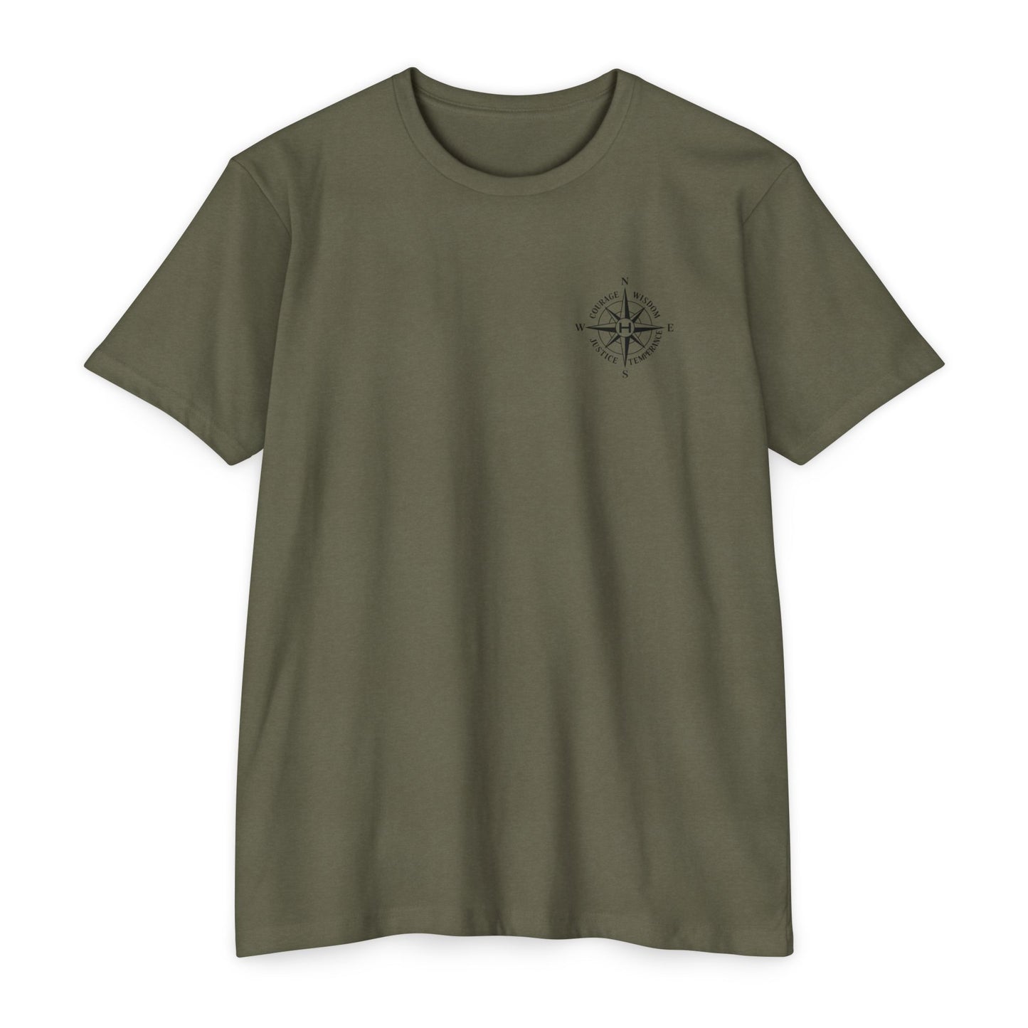Military Green t-shirt with a compass design on a white background - Henosis Apparel virtue-based clothing