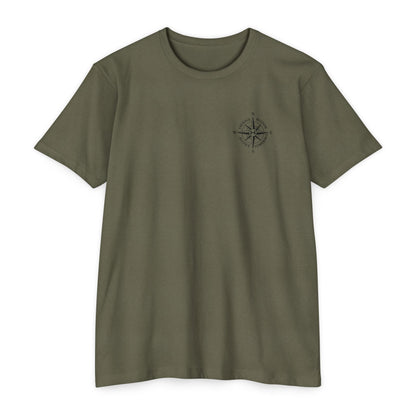 Military Green t-shirt with a compass design on a white background - Henosis Apparel virtue-based clothing