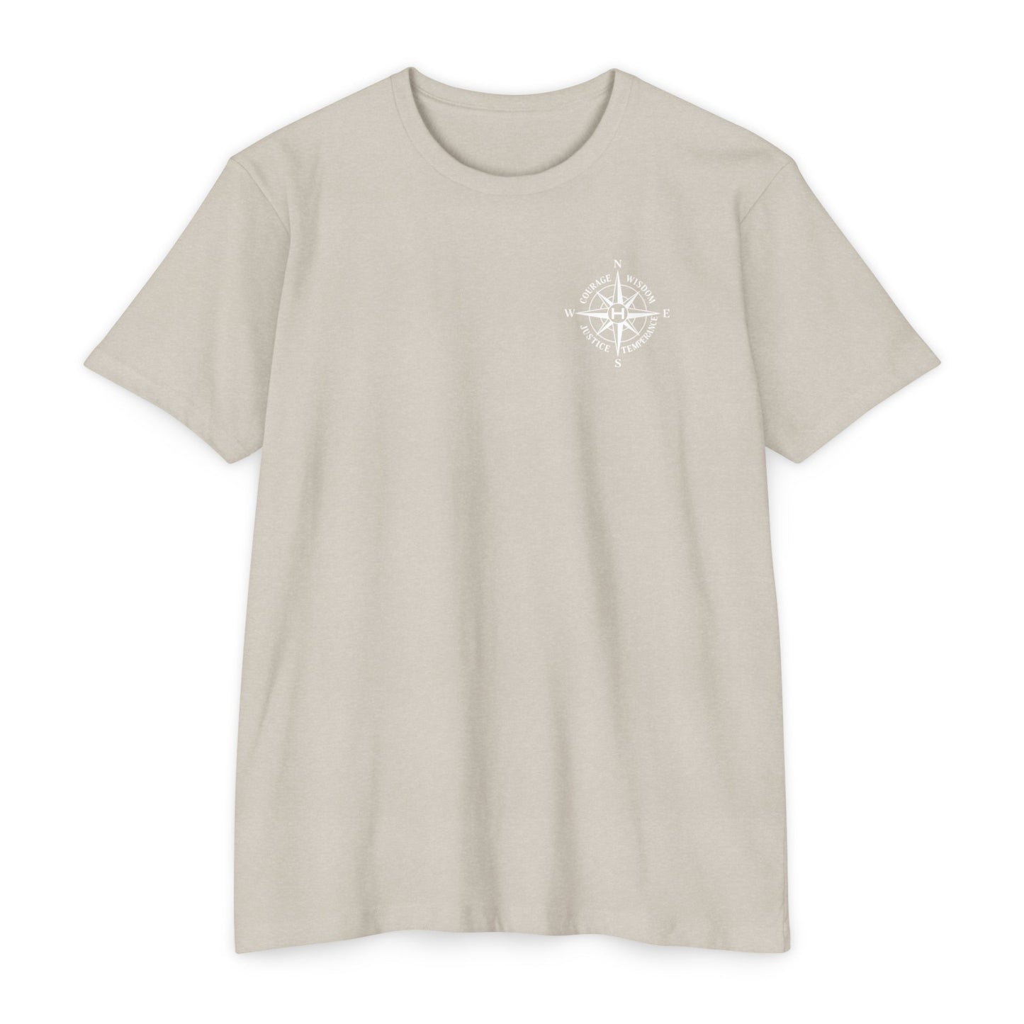 Sand t-shirt with compass logo on a white background - Henosis Apparel virtue-based clothing