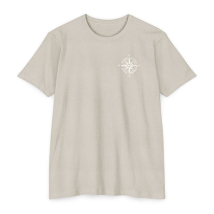 Sand t-shirt with compass logo on a white background - Henosis Apparel virtue-based clothing