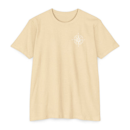 Cream t-shirt with compass logo on a white background - Henosis Apparel virtue-based clothing