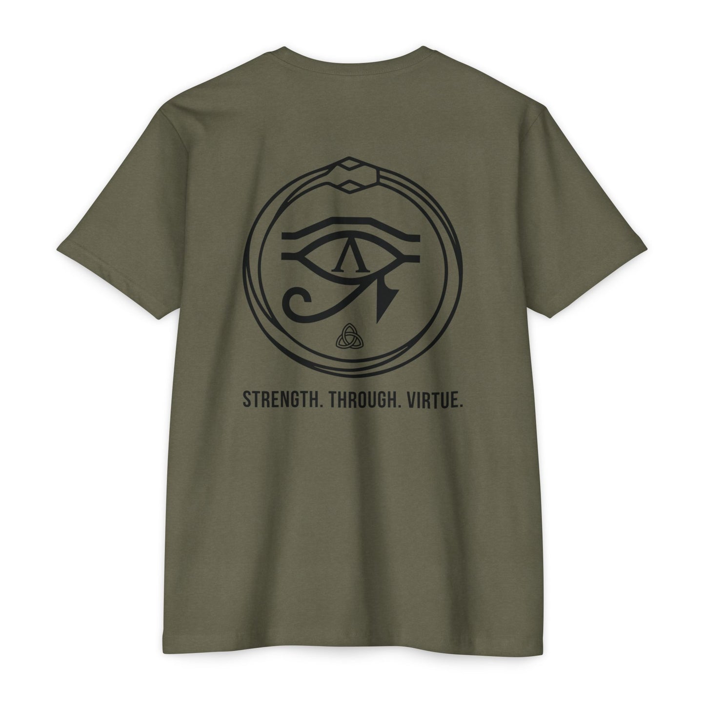 Military Green t-shirt with black renewal symbol and text on a white background - Henosis Apparel virtue-based clothing