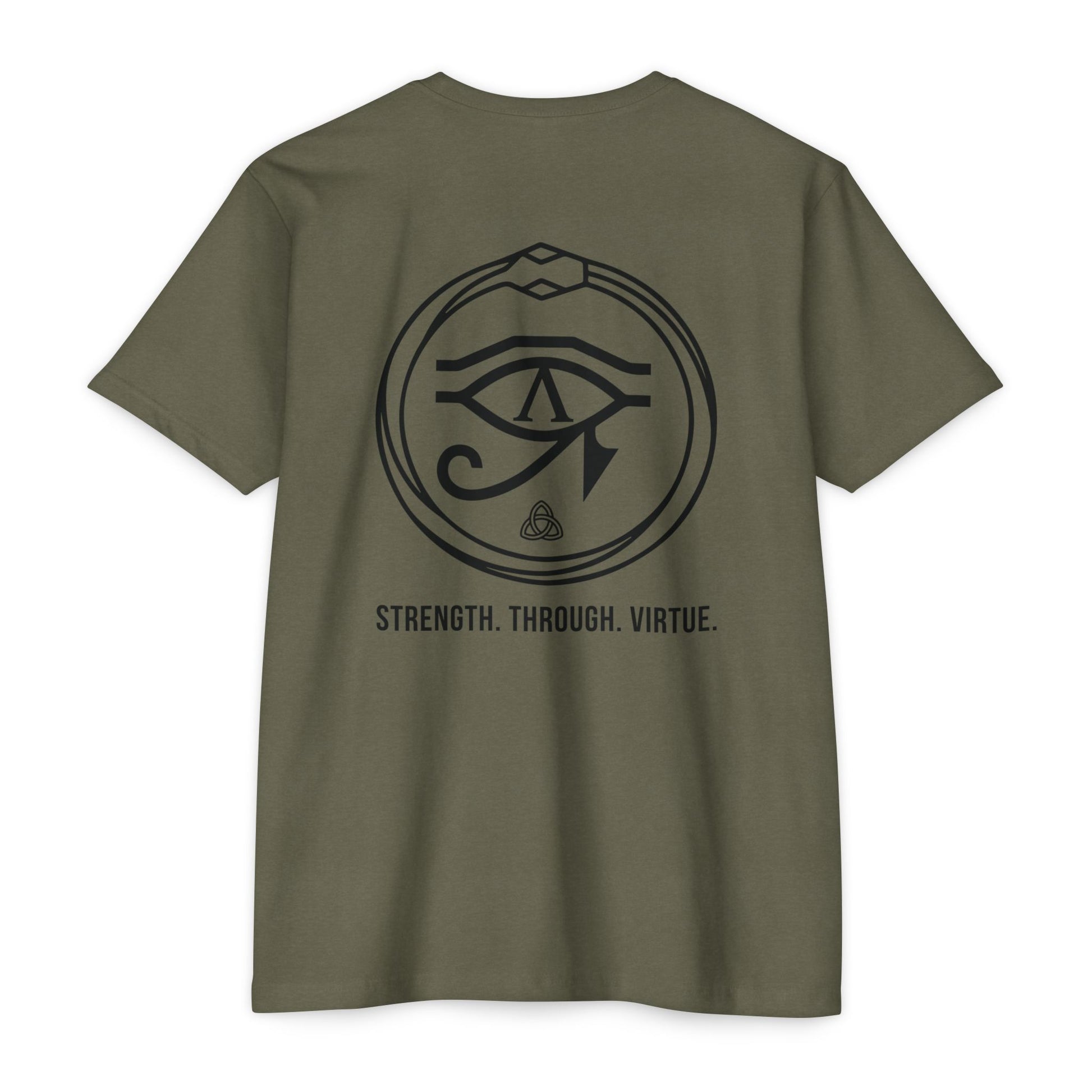 Military Green t-shirt with black renewal symbol and text on a white background - Henosis Apparel virtue-based clothing