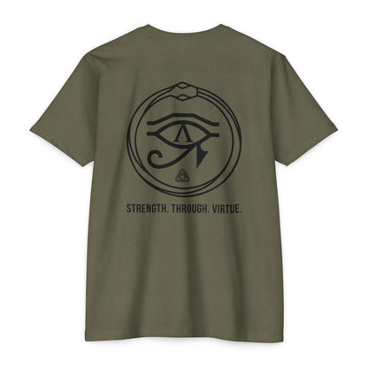 Military Green t-shirt with black renewal symbol and text on a white background - Henosis Apparel virtue-based clothing