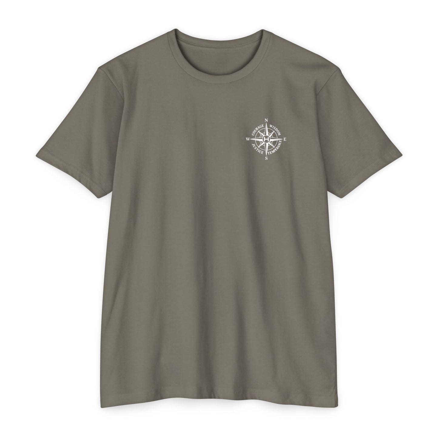 Warm Gray t-shirt with a compass design on a white background - Henosis Apparel virtue-based clothing