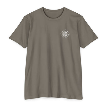 Warm Gray t-shirt with a compass design on a white background - Henosis Apparel virtue-based clothing