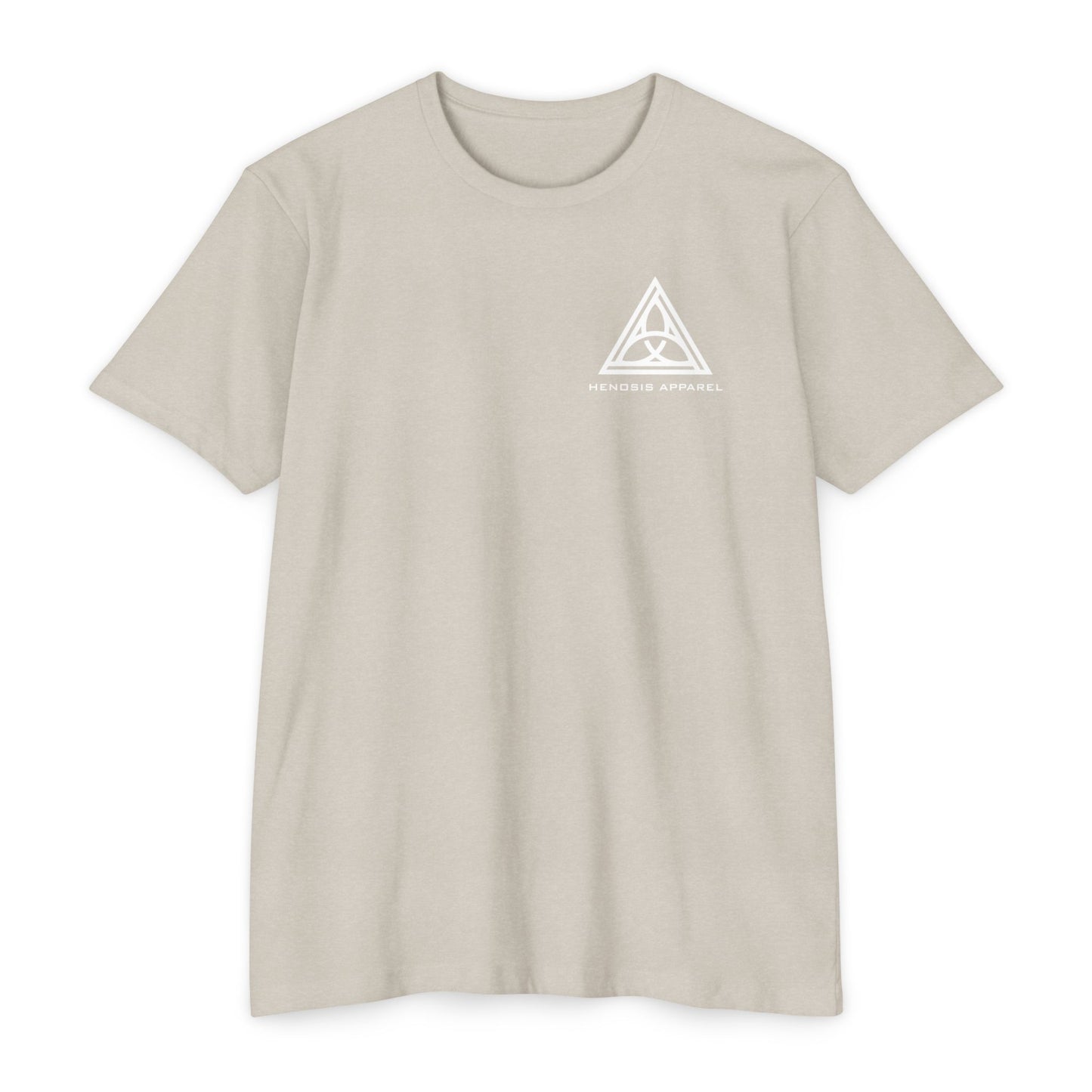 Sand t-shirt with 'Henosis Apparel' logo on a white background - Henosis Apparel virtue-based clothing
