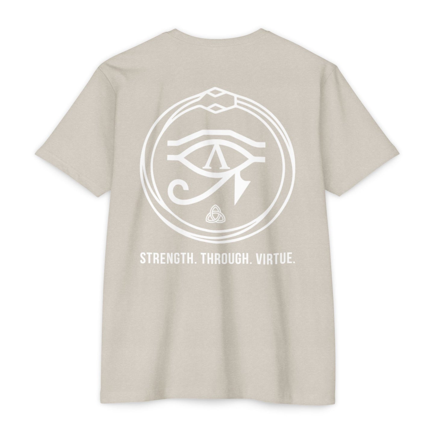 Sand t-shirt with a white symbol and text on the back against a white background - Henosis Apparel virtue-based clothing
