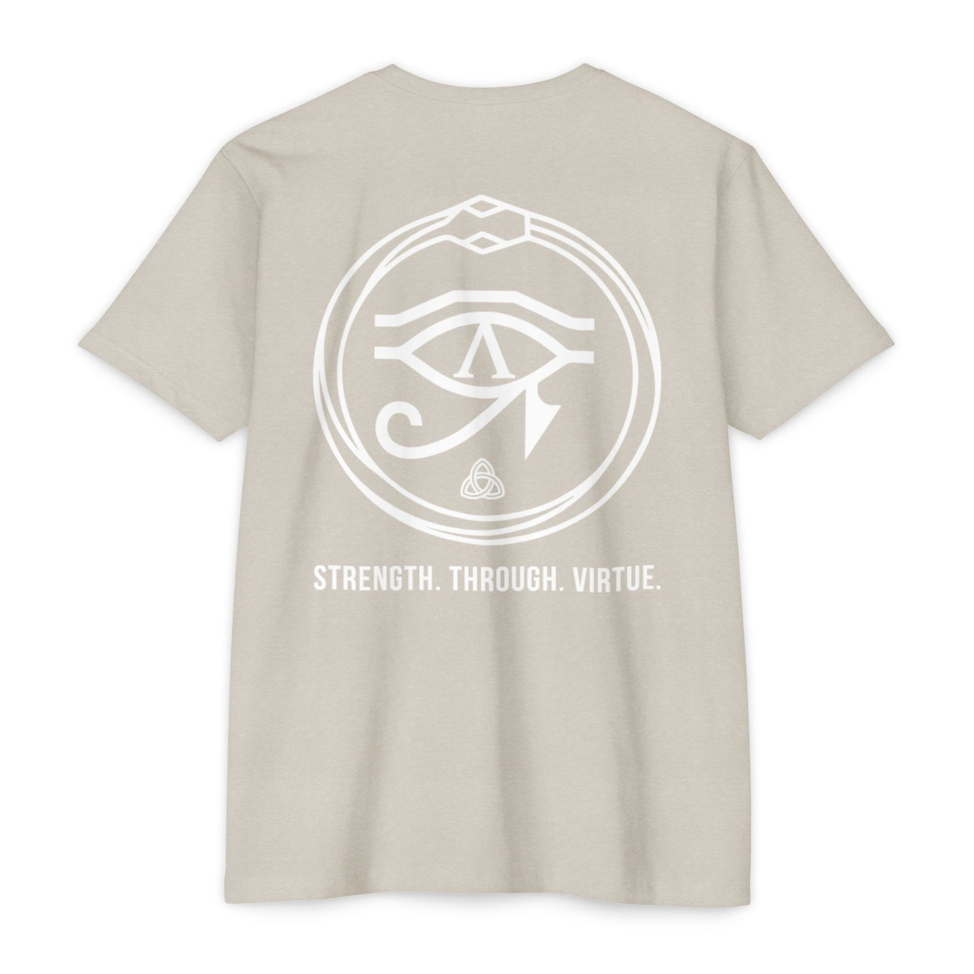 Sand t-shirt with a white symbol and text on the back against a white background - Henosis Apparel virtue-based clothing