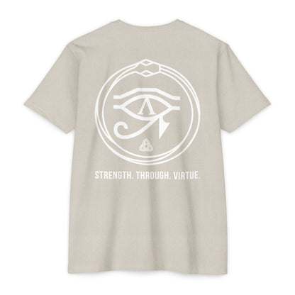 Sand t-shirt with a white symbol and text on the back against a white background - Henosis Apparel virtue-based clothing