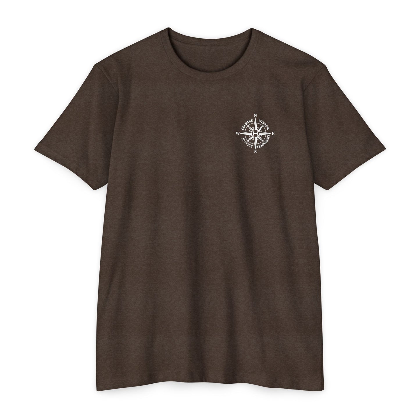 Expresso t-shirt with a compass design on a white background - Henosis Apparel virtue-based clothing