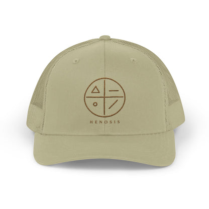 Khaki Virtue Mark Hat — virtue mark logo front view | Snapback Hat | Henosis Apparel