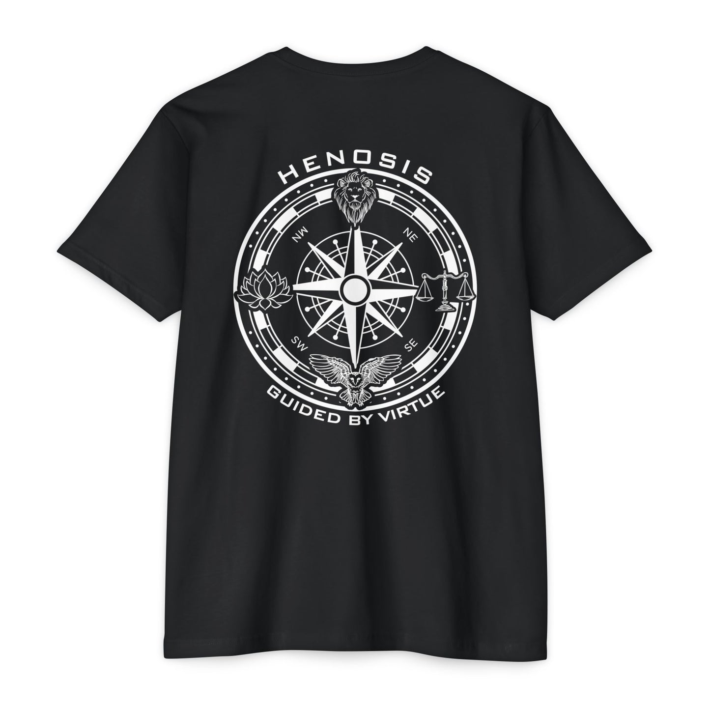Black t-shirt with compass logo on a white background - Henosis Apparel virtue-based clothing
