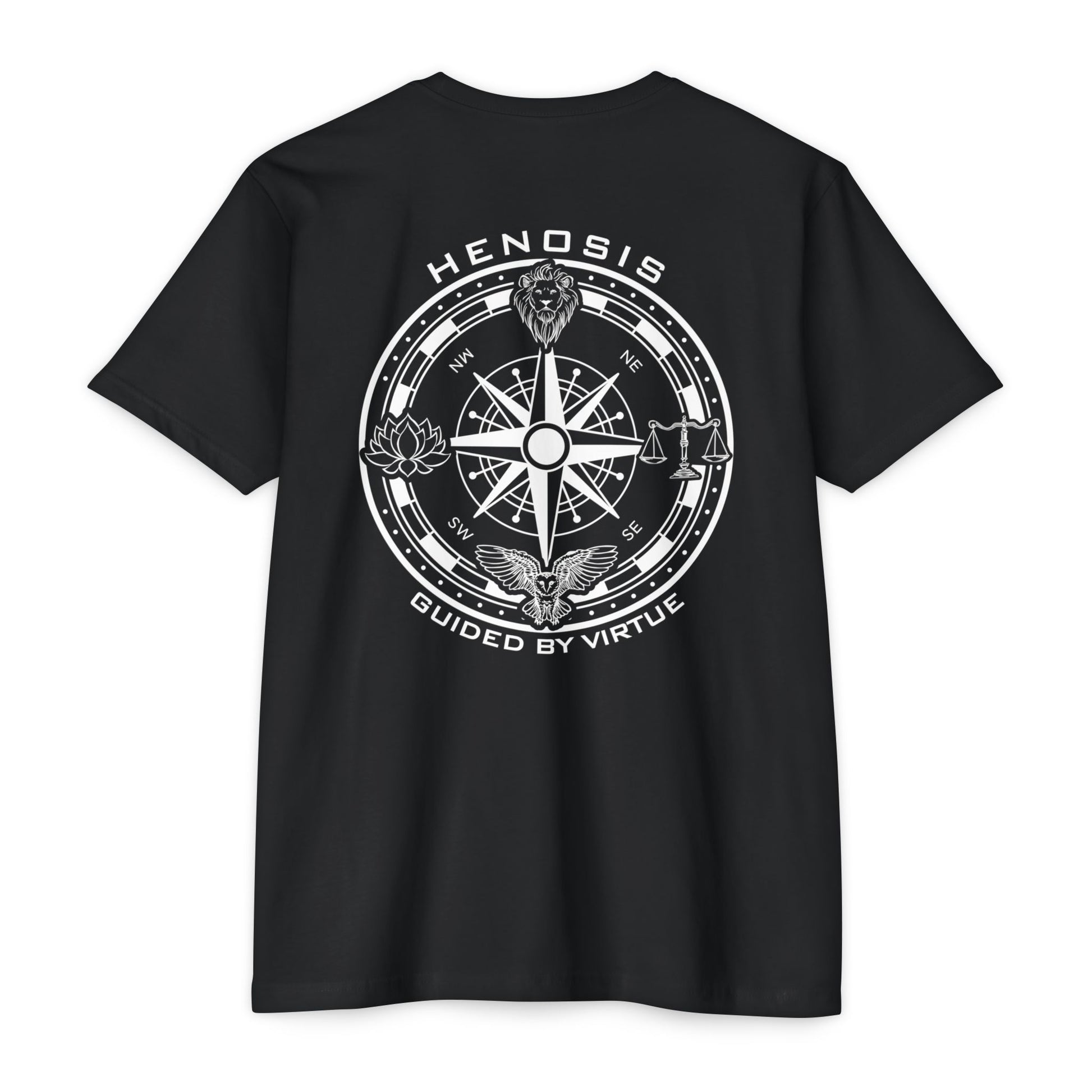 Black t-shirt with compass logo on a white background - Henosis Apparel virtue-based clothing