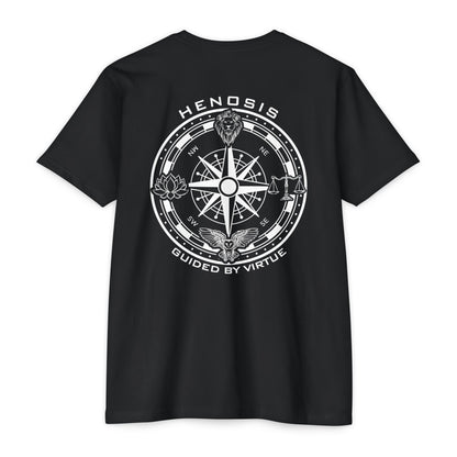 Black t-shirt with compass logo on a white background - Henosis Apparel virtue-based clothing