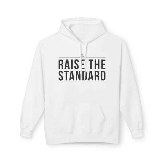 White hoodie with 'Raise The Standard' text on a white background - Henosis Apparel virtue-based clothing