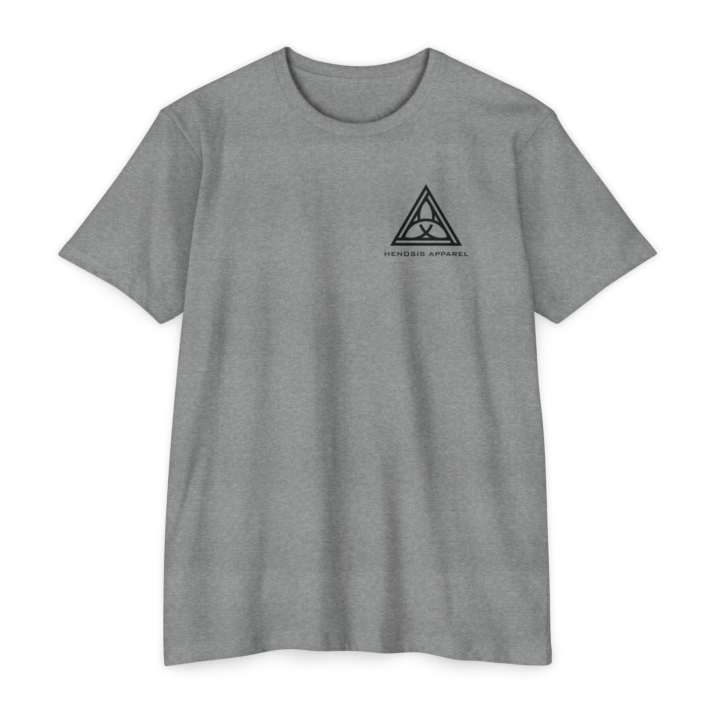 Dark Heather Gray t-shirt with a black triangle logo on a white background - Henosis Apparel virtue-based clothing