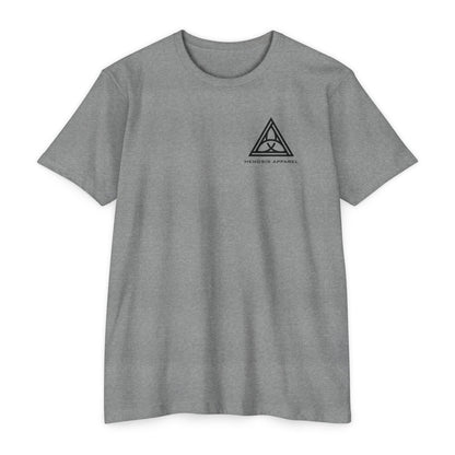 Dark Heather Gray t-shirt with a black triangle logo on a white background - Henosis Apparel virtue-based clothing