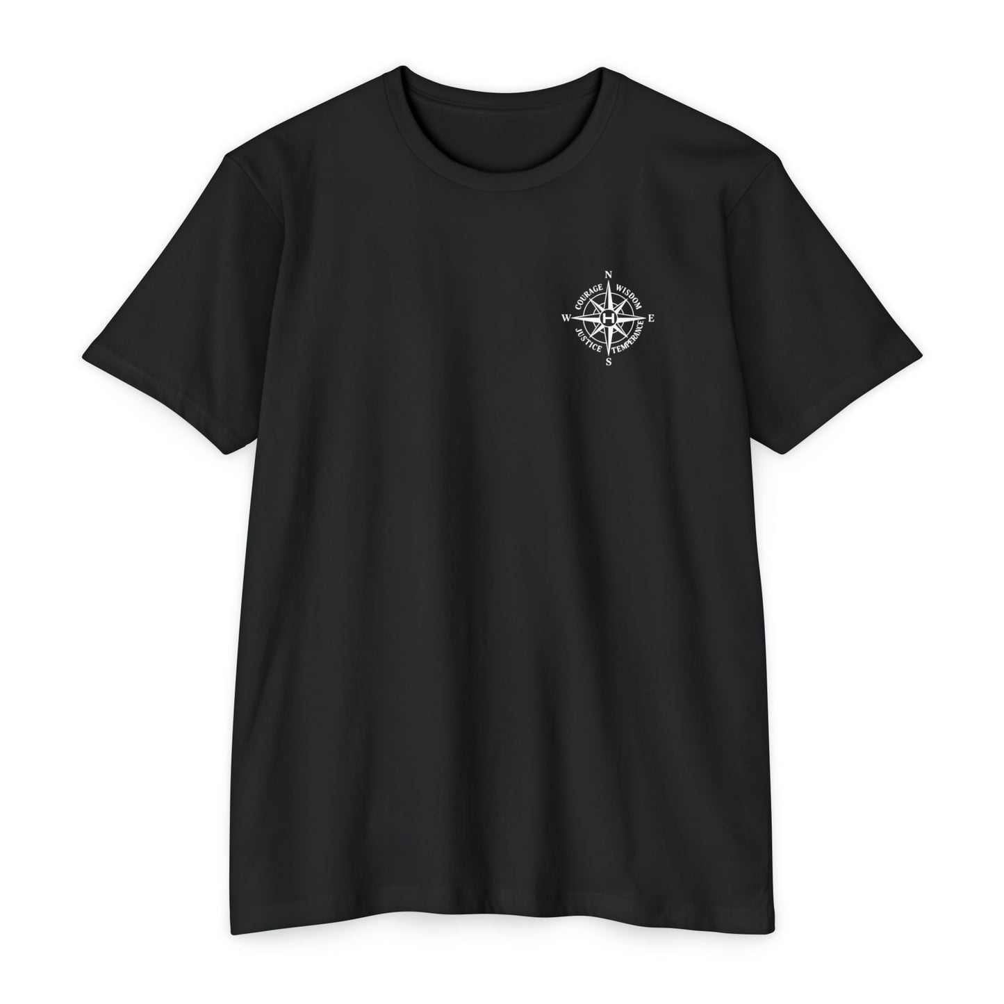 Black t-shirt with a compass design on a white background - Henosis Apparel virtue-based clothing