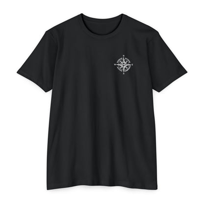 Black t-shirt with a compass design on a white background - Henosis Apparel virtue-based clothing